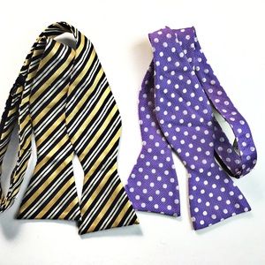 Silk Bow Ties | Gold & Black Stripe and Purple w/ White Polka Dot
